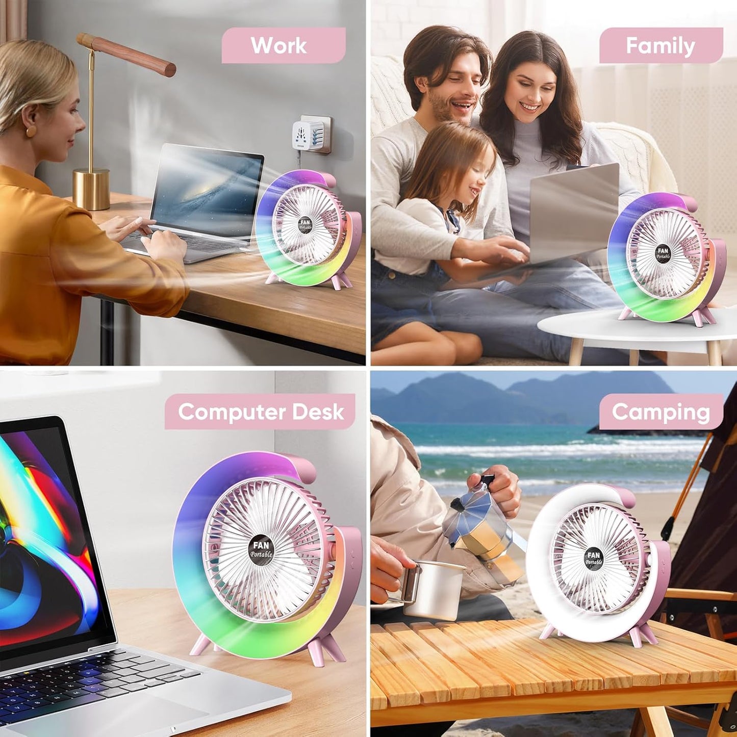 Ventilador de mesa portátil blanco con luz RGB - | Aresky